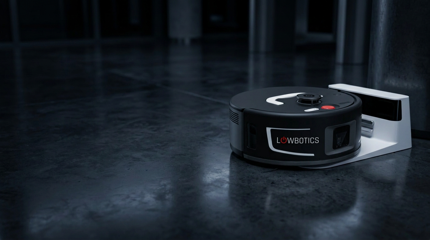 Lowbotics low-profile autonomous cleaning unit docked on a dark polished floor