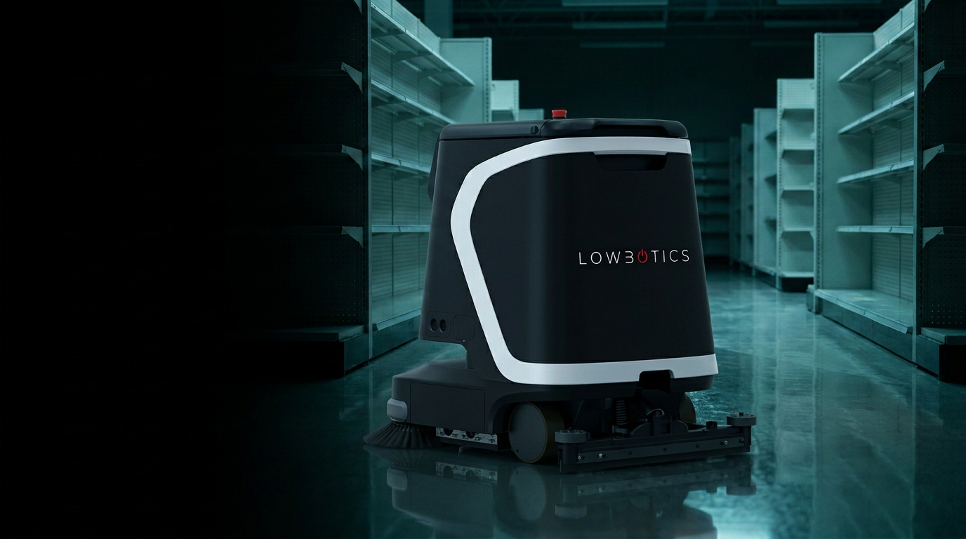 Lowbotics large-format scrubber working a retail sales floor aisle at night