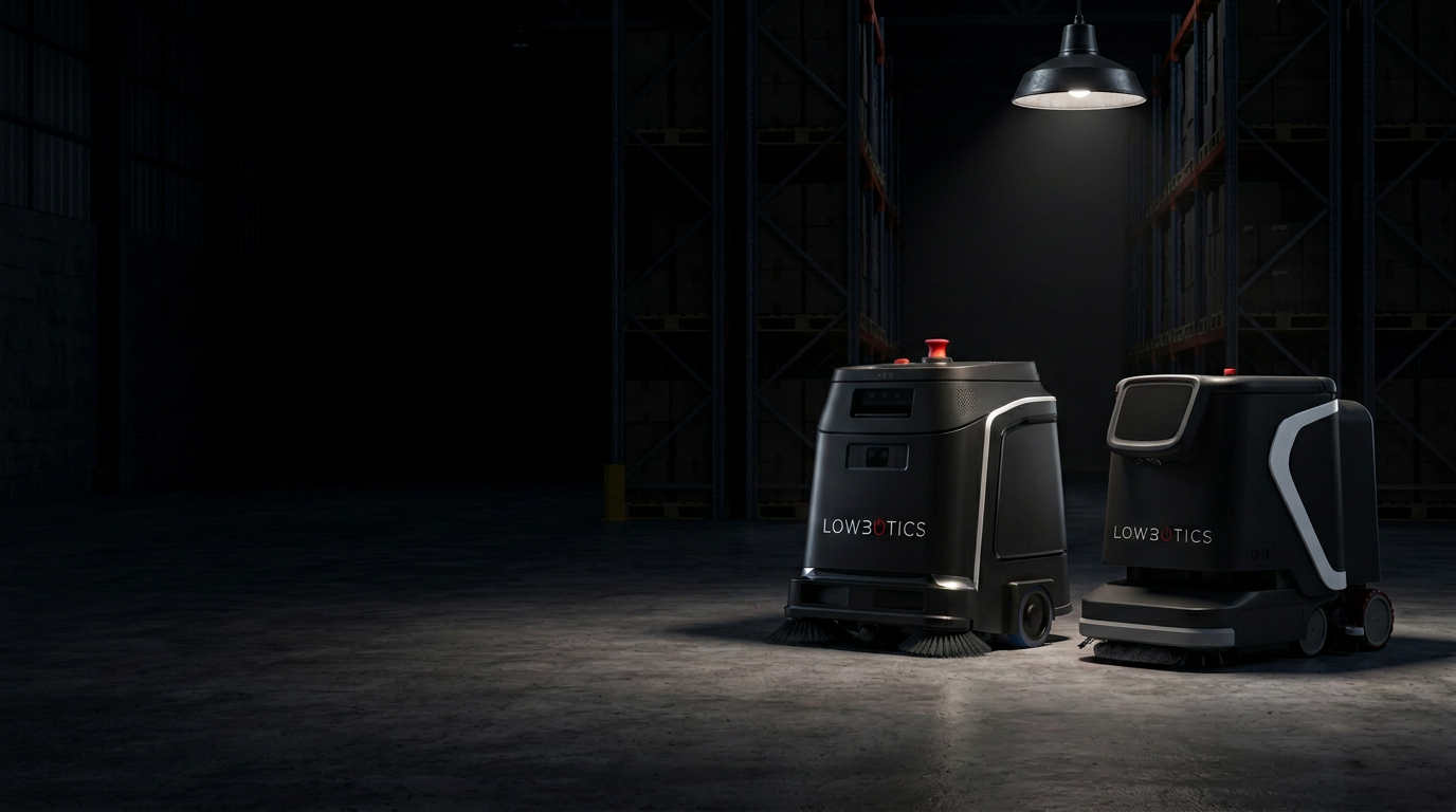 Lowbotics autonomous cleaning machine staged under a single work light
