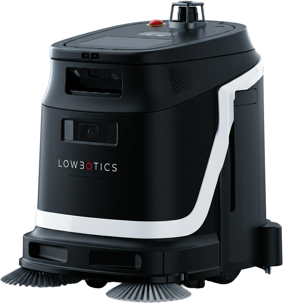 Compact Lowbotics autonomous floor scrubber