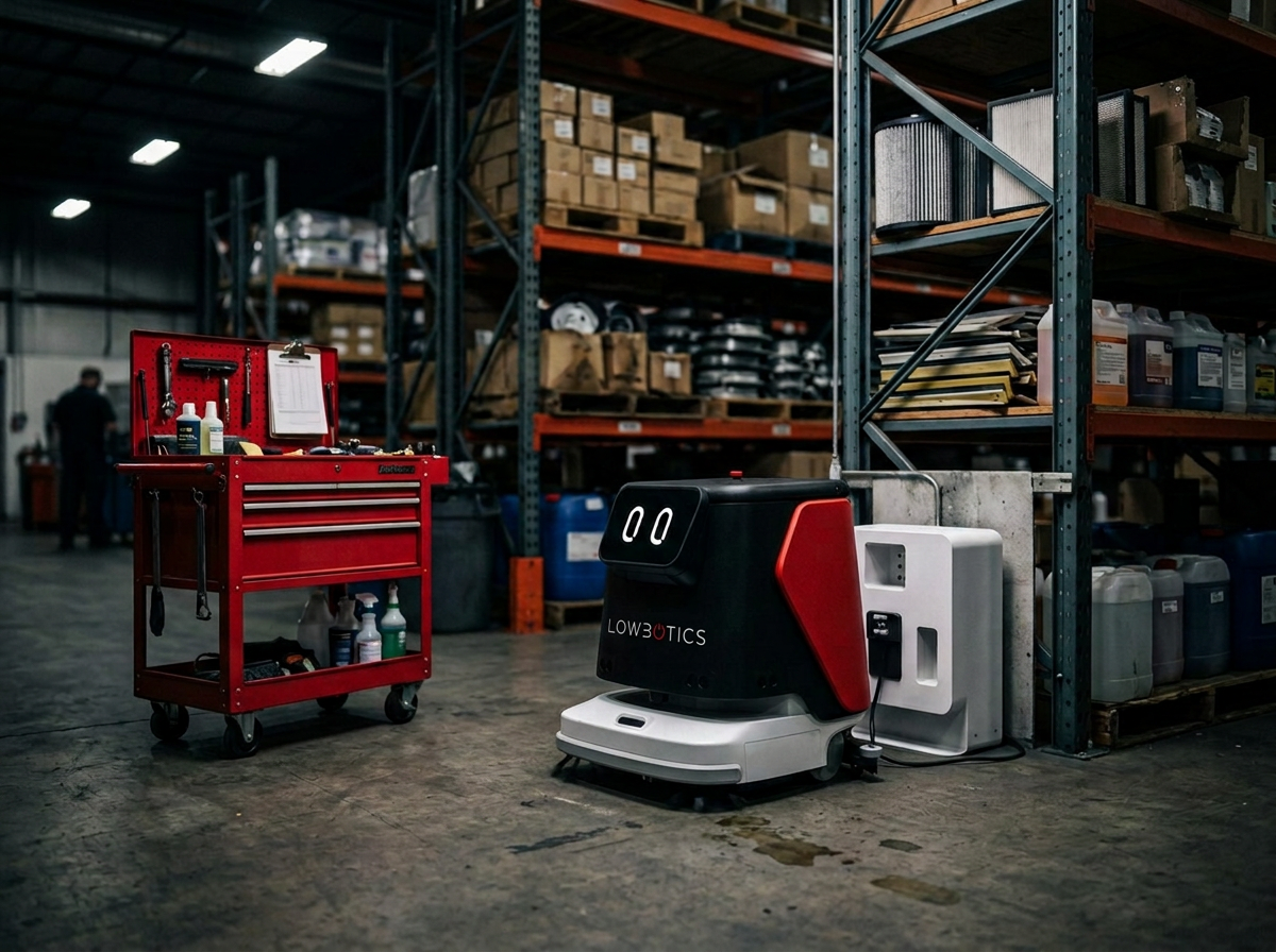 Lowbotics technician servicing an autonomous cleaning robot in a staging warehouse